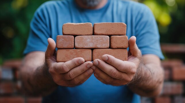 individual displays a carefully balanced stack of bricks in both hands, showcasing a potential project involving construction or landscaping in natural surroundings