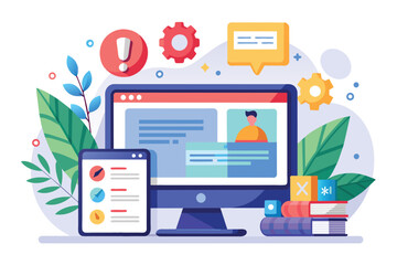 A digital illustration shows a computer and tablet screen highlighting website issues and alerts Website issues, simple illustration