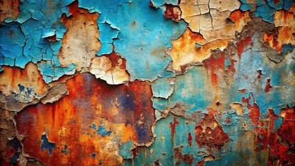 Abstract Peeling Paint and Rust Texture A Colorful, Weathered Surface