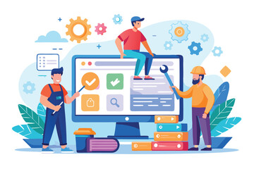 Fototapeta premium Technicians collaborate on a computer repair project in a bright, engaging workspace environment Website offers online repair service with flat illustrations.