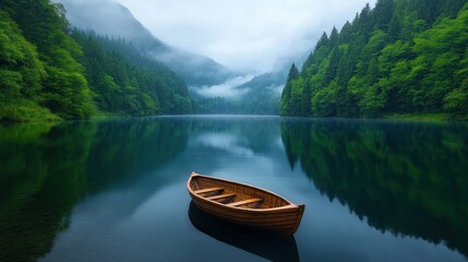 Obraz premium A serene wooden boat rests gently on still waters reflecting vibrant greenery and misty hills, creating a peaceful atmosphere at dawn in a secluded location