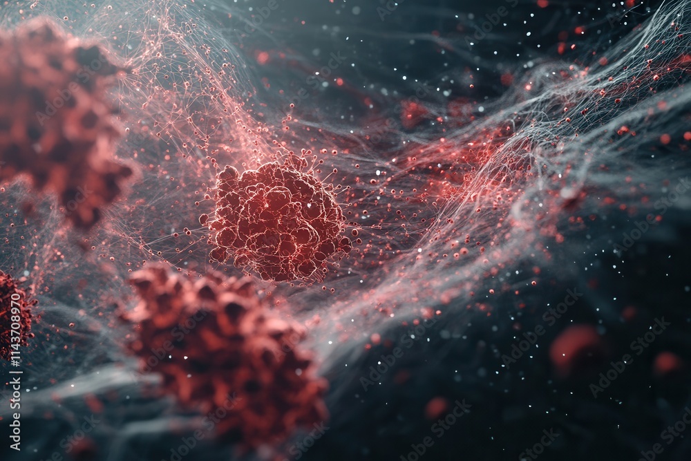 Poster A vibrant depiction of virus-like particles in an abstract, dynamic environment, showcasing their intricate structure and interaction with surrounding elements.