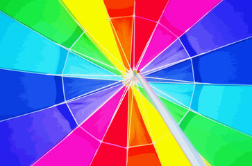 Obraz premium Bright and colorful illustration of a rainbow umbrella, viewed from below, showcasing vibrant sections and geometric patterns.