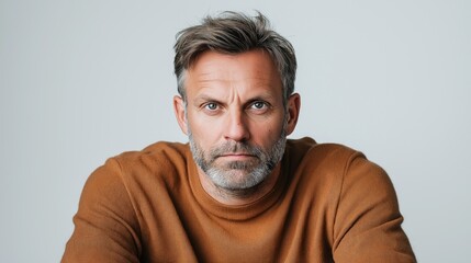 man with salt and pepper hair and a beard is seated, dressed in a brown sweater. His serious expression reveals contemplation in a serene indoor setting with a light backdrop