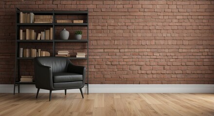 Modern living room with black chair and bookshelf against brick wall