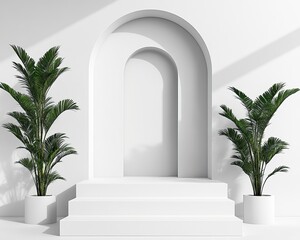 Fototapeta premium A minimalist white space featuring a curved archway and two lush green plants in stylish pots, creating a serene and elegant atmosphere.