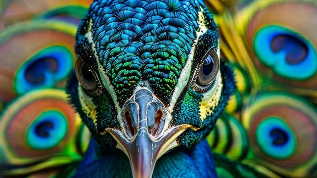 The peacock stands proudly, showcasing its striking iridescent feathers and intricate patterns under the afternoon sun in a lush environment.
