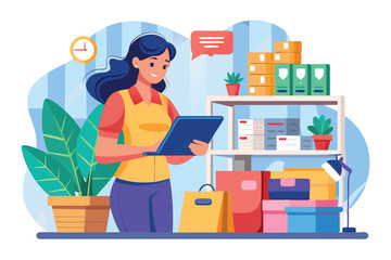 A woman is reviewing stock items for sale while standing in a vibrant retail space Woman checking stock items for sale, flat illustration.