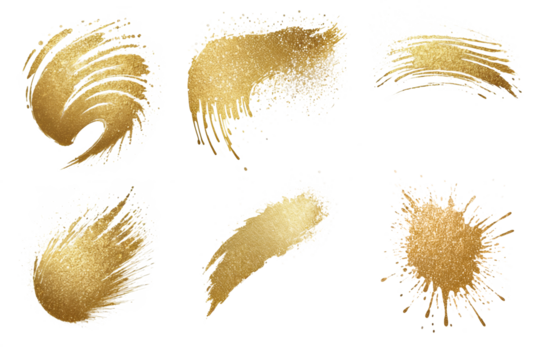 Set of golden glitter splashes. Paint strokes, blots, spots. Figures of various abstract forms on transparent background.