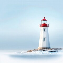 Fototapeta premium A frozen lighthouse standing tall on an icy shoreline.