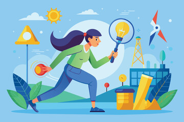Fototapeta premium A woman diligently seeks a power source, navigating a vibrant landscape filled with energy icons Woman needs power source, flat illustration.
