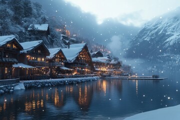 Fototapeta premium Winter wonderland picturesque alpine village lakeside reflection snow-covered rooftops