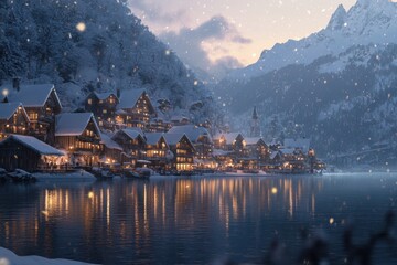 Fototapeta premium Winter wonderland picturesque alpine village lakeside reflection snow-covered rooftops