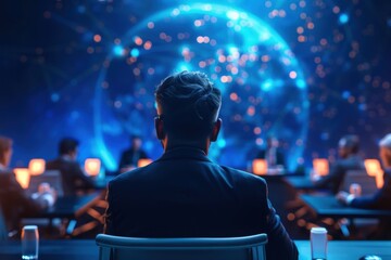 A person sits at a conference table, facing a digital projection of a globe, surrounded by colleagues in a futuristic, high-tech environment.