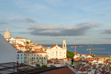 Beautiful view of Lisbon with Tagus River from the observation point in Alfama District in Lisbon, Portugal