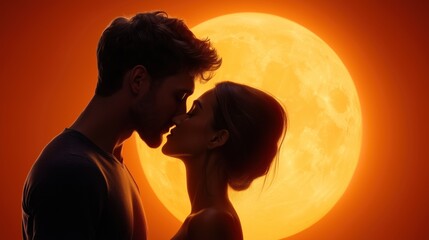 couple embraces in a tender moment as they kiss against the backdrop of a large, glowing full moon during twilight, evoking romance and intimacy