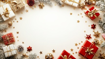 White background with gold stars and gifts scattered around the border, leaving space in the center for text 