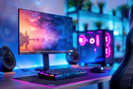 A modern gaming setup featuring a vibrant monitor, RGB keyboard, speakers, and a glowing PC tower, creating a high-tech atmosphere.