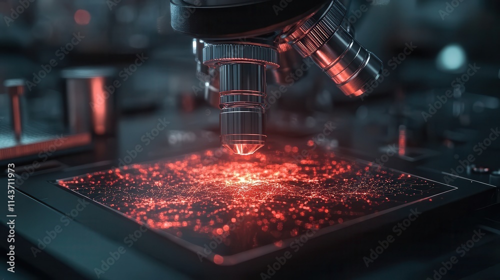 Poster a close-up of a microscope focusing on a glowing red specimen, showcasing intricate details of the s