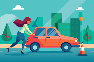 A woman is skillfully reversing her car on a bustling city street surrounded by buildings Woman reversing car, flat drawing
