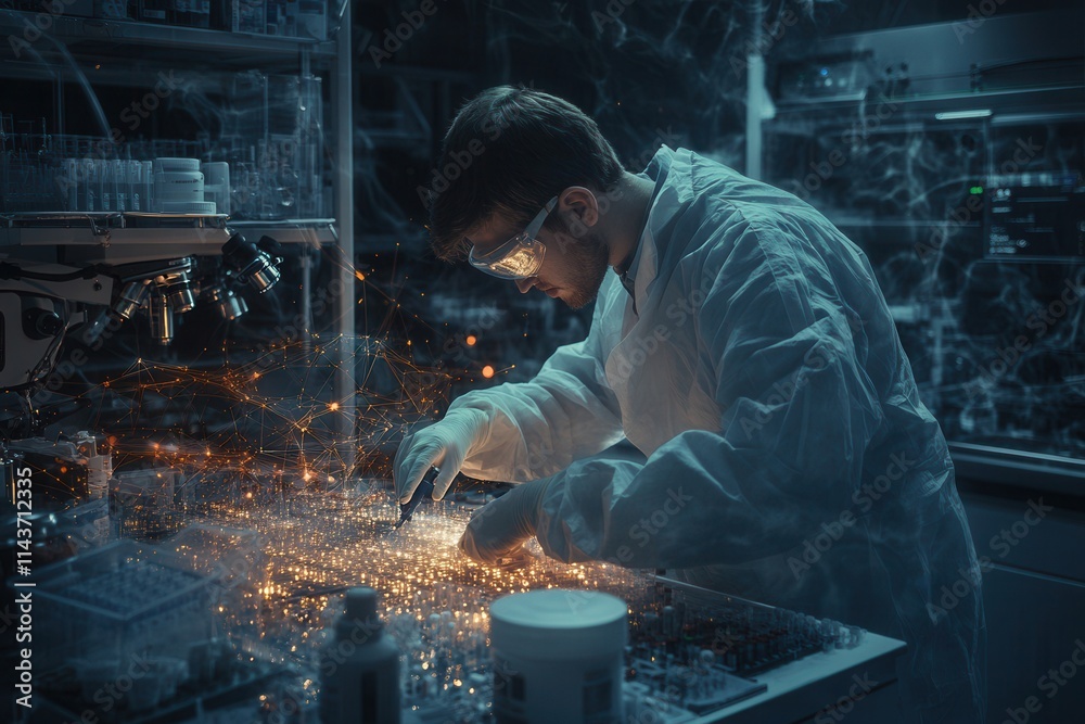 Poster A technician in a lab coat carefully works on intricate circuitry, illuminated by soft lighting, showcasing a focus on technology and precision.