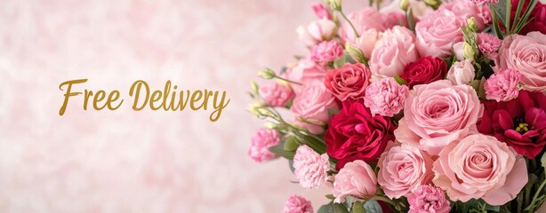 Valentine's Day flower shop banner with free delivery concept. Beautiful flower arrangement with a "Free Delivery" message