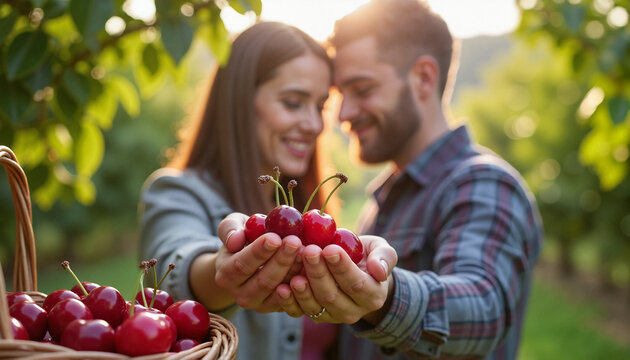 Couple holding cherries, smiling happily, in an orchard during harvest
