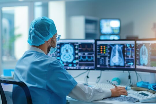 A medical professional analyzes multiple screens displaying diagnostic images in a modern healthcare setting.