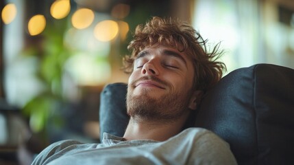 Relaxed Young Man Enjoys Leisure Time in Cozy Indoor Environment with Soft Lights and Tranquil Atmosphere, Capturing Moments of Peace and Contentment