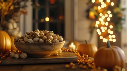 Wooden Bowl with Nuts on Table