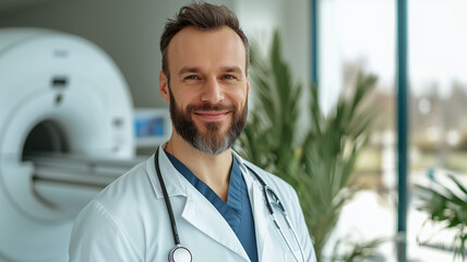 A doctor stands confidently in front of a sophisticated MRI machine, conveying expertise and reassurance in a medical facility.
