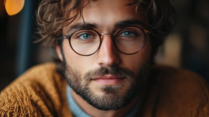 Portrait of a Young Man with Glasses and Beard, Wearing a Warm Sweater, Close-Up Shot with Thoughtful Expression and Blurred Background