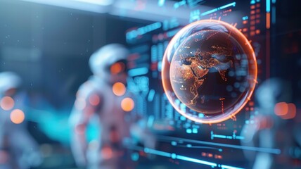 A futuristic scene depicting astronauts analyzing a glowing globe amidst a high-tech, digital interface filled with data and graphics.