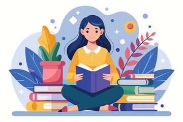 A woman in a bright yellow shirt is studying a book while seated among stacks of colorful books and plants Woman studying on books, flat illustration.