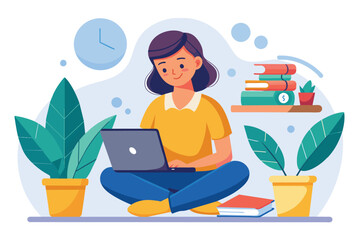 Fototapeta premium A woman is focused on her laptop, studying surrounded by plants and books in a bright, inviting space Woman studying online with laptop, flat illustration.