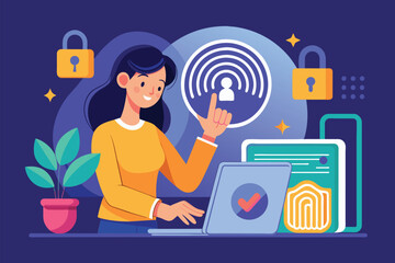 A woman engages in fingerprint data unlocking on her laptop in a secure digital environment Woman unlocks data with fingerprint, flat illustration.