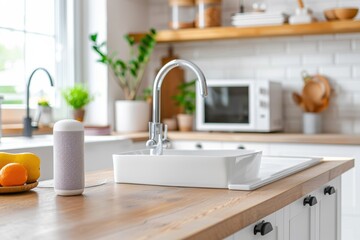 Fototapeta premium A modern kitchen featuring a stylish sink, wooden countertop, and cozy decor elements, creating a warm and inviting atmosphere.