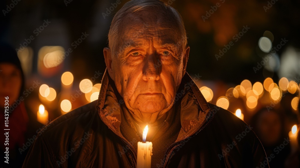 Poster A man holds a candlelight in remembrance. AI.