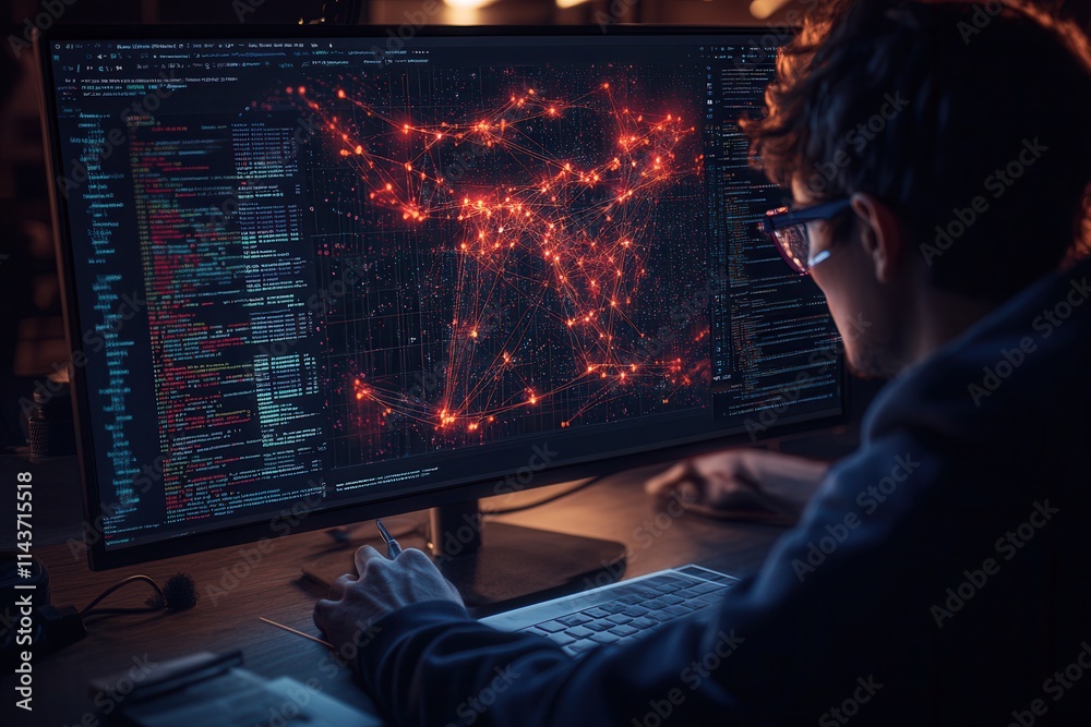 Poster A person analyzing complex code and data visualizations on a computer screen in a dark environment, showcasing a tech-driven atmosphere.