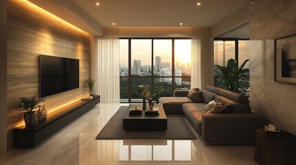 Fototapeta premium Modern living room with sunset view and elegant decor.