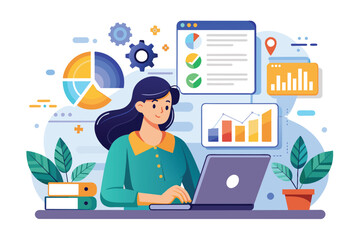 A woman reviews digital charts and data on her laptop, focusing on analysis in a vibrant workspace Woman worker analyzing digital data and charts in a flat illustration.