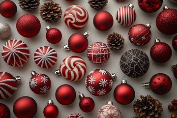 A creative flat lay of snowflake decorations, colorful baubles, and candy canes, scattered on a sleek white surface for a festive Christmas theme. 