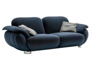 Stylish blue sofa with unique shape and comfortable cushions for relaxation