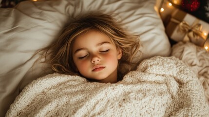 A little girl peacefully sleeps under a cozy blanket on Christmas Eve.