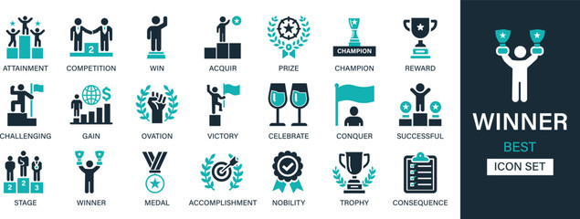 Winner icon set collection. Attainment, competition, win, acquire, prize, champion, reward, challenging, gain, ovation, victory, nobility and best solid icon set.