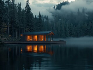 Fototapeta premium Misty Forest Lake Cabin Retreat Serene Evening Escape