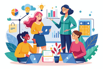 Fototapeta premium Four women engage in business planning with laptops, charts, and a positive workspace atmosphere Women planning a business, illustrated flatly.