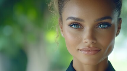 Vibrant portrait of a woman with striking blue eyes and a natural look in an outdoor setting during daylight