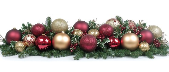 A luxurious Christmas composition with shiny red and gold ornaments, ribbon curls, and sprigs of holly arranged symmetrically on a clean white background. 