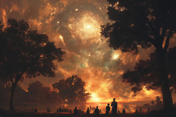 Obraz premium Gathering under a cosmic sky as the sun sets in a vibrant park. Generative AI